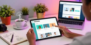 Dynamic workspace showcasing rokok88 app interaction with user, tablet features, and creative elements.