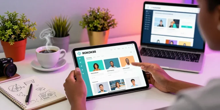 Dynamic workspace showcasing rokok88 app interaction with user, tablet features, and creative elements.