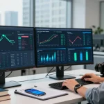 Expert analyzing iasme cyber essentials compliance dashboard in a modern cybersecurity workspace.