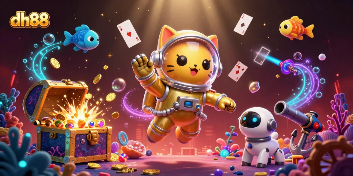 Join the fun at dh88 as a space astronaut cat and robot dog soar through a vibrant casino universe