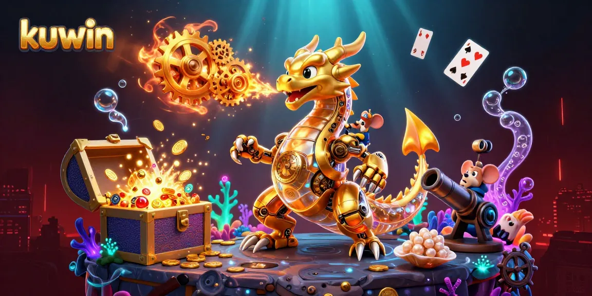 kuwin attracts players with a magical golden dragon casino scene, featuring vibrant treasure and game elements.