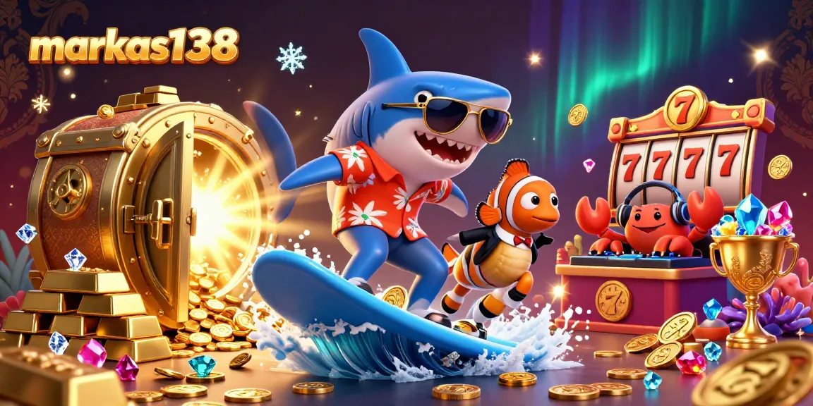 Engage with markas138 gaming, as a shark surfs gold coins amidst slot reels and jackpot excitement!