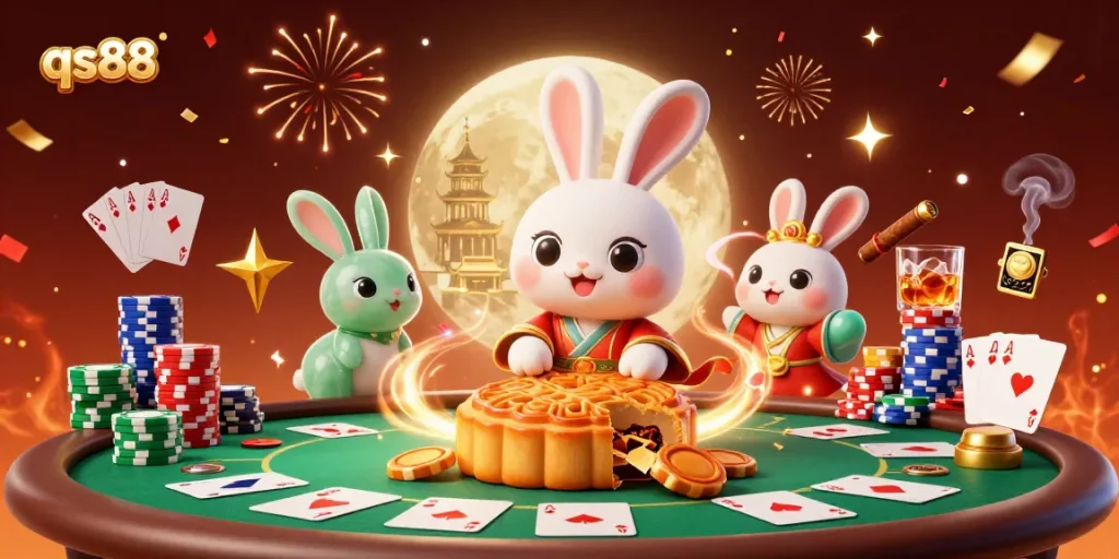 Unleash winnings at qs88 with a vibrant moon rabbit scene featuring poker action.