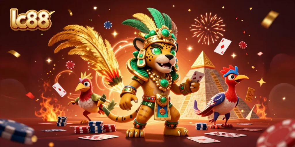 lc88 Casino Adventure: Engage with 3D Mayan characters amidst dynamic poker and gaming elements.