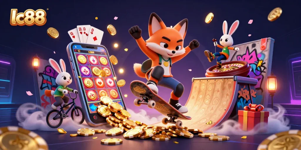 Engage with lc88 gaming experience featuring vibrant characters among casino symbols and dynamic slot gameplay.