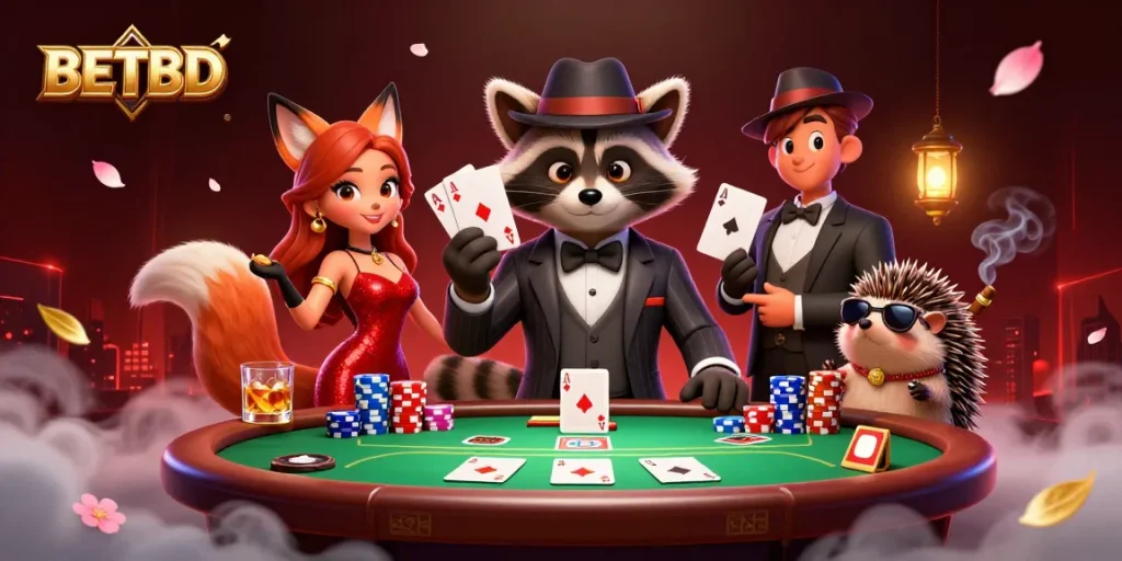 Engage in BETBD poker excitement with raccoon, fox, and hedgehog characters amid vibrant casino elements.