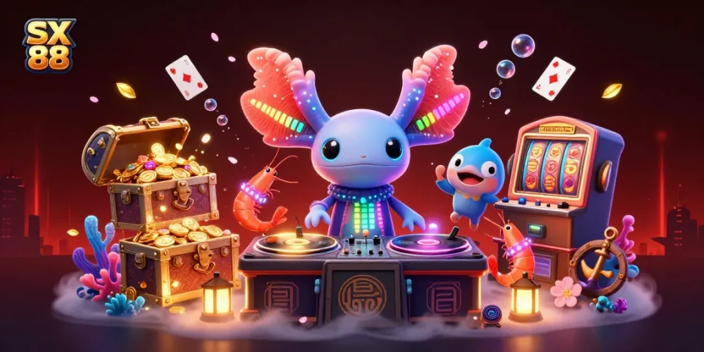 SX 88 players enjoy vibrant scenes of exciting underwater casino gameplay with neon colors.