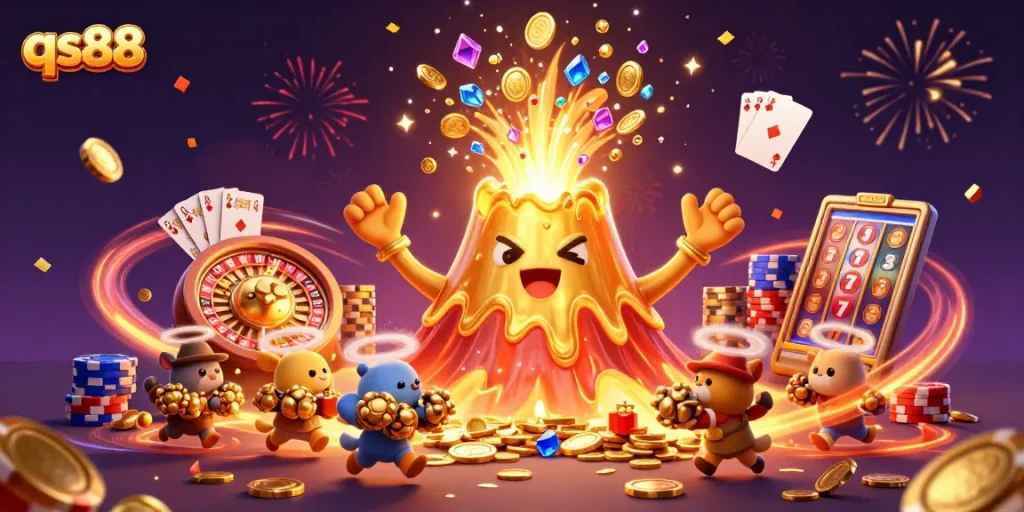 Experience the thrilling eruption of qs88 with treasures flying, capturing the excitement of online gaming.