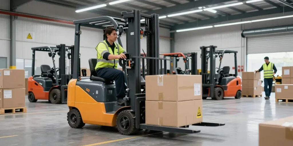 Operator using a pallet jack electric for efficient material handling in a modern warehouse with electric stackers.
