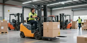 Operator using a pallet jack electric for efficient material handling in a modern warehouse with electric stackers.