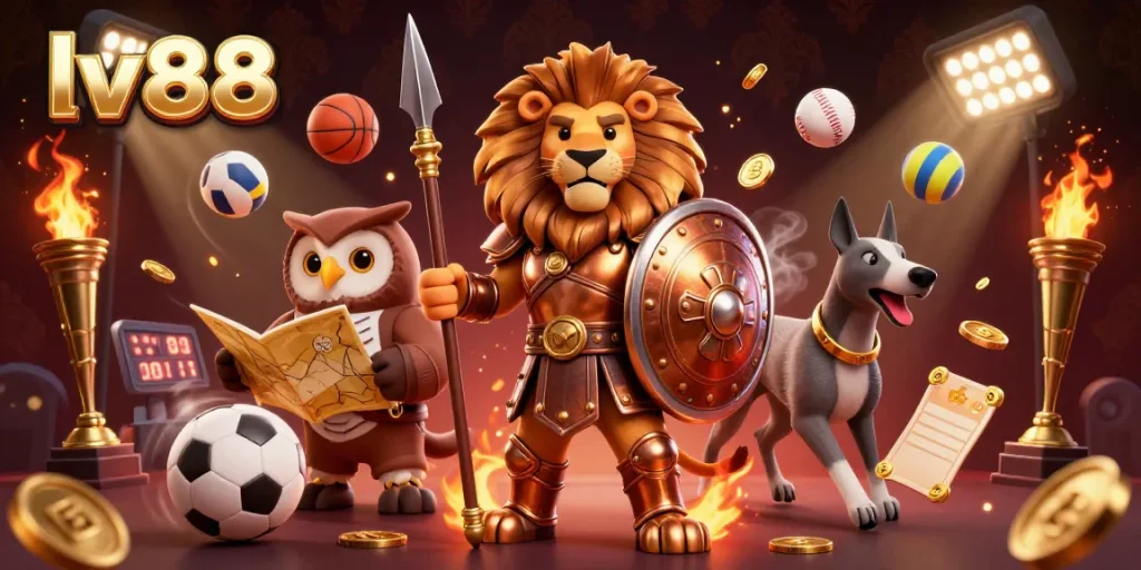 Experience the excitement of lv88 with a dynamic 3D casino scene showcasing a Spartan lion, owl strategist, and greyhound messenger.