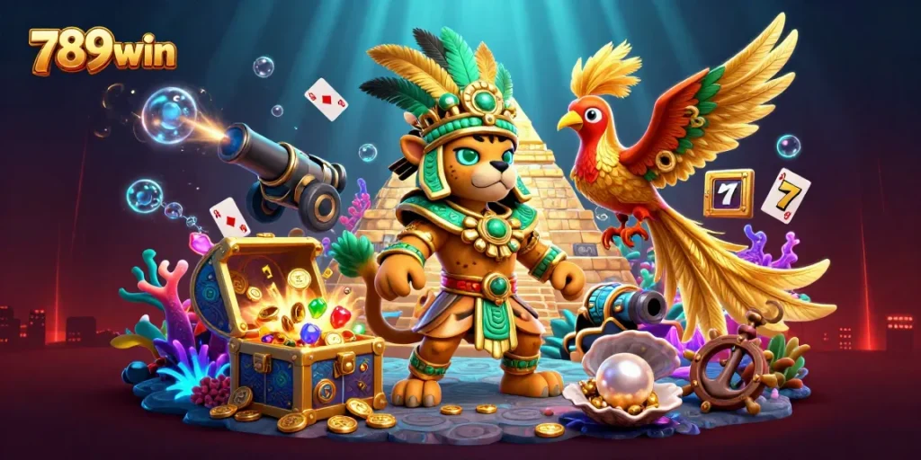 Experience the world of 789win with a vibrant 3D casino scene filled with gaming symbols.
