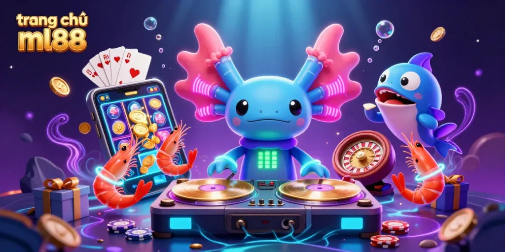 Join the vibrant scene at trang chủ ml88, showcasing colorful slot games and dynamic underwater characters.