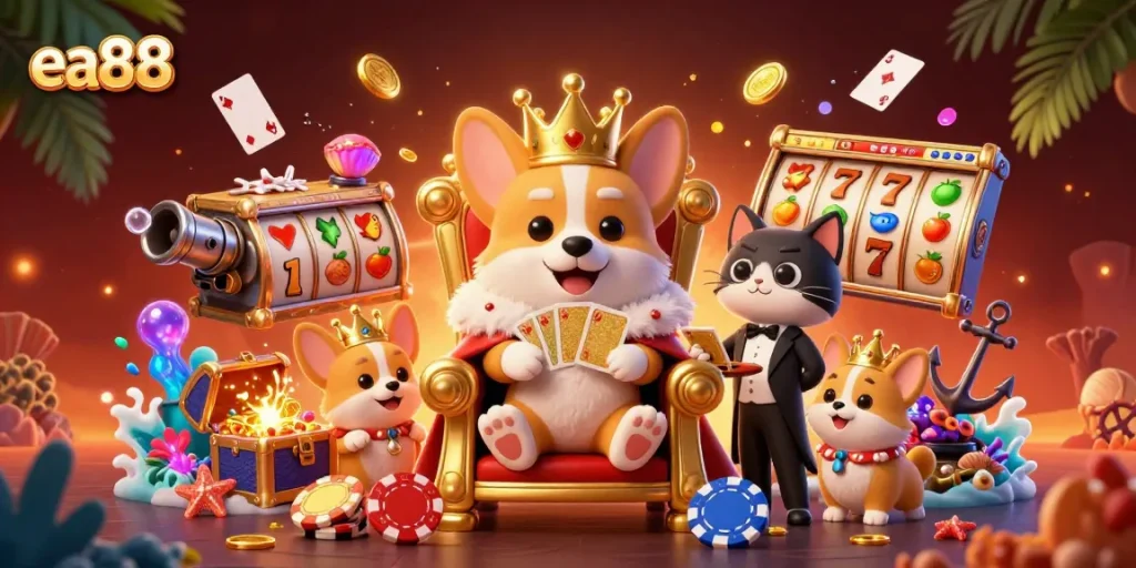 Experience high stakes fun at ea88 with an animated scene of a royal corgi king, celebrating jackpots and treasures.