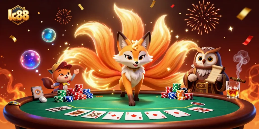 Experience excitement at lc 88 with vibrant animated characters, poker chips, and celebratory effects.