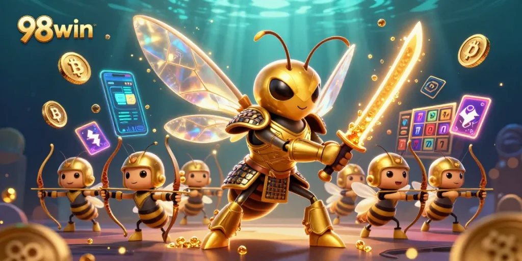 Engage in exciting jackpot action at 98win com casino, featuring a vibrant 3D illustration with buzzing characters.