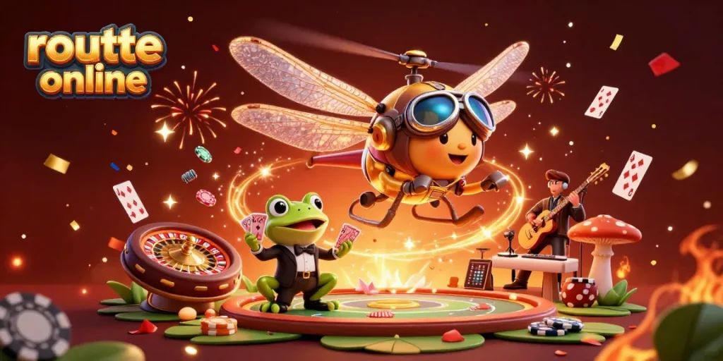 Experience roulette online with a vibrant scene featuring a frog dealer and lively characters.