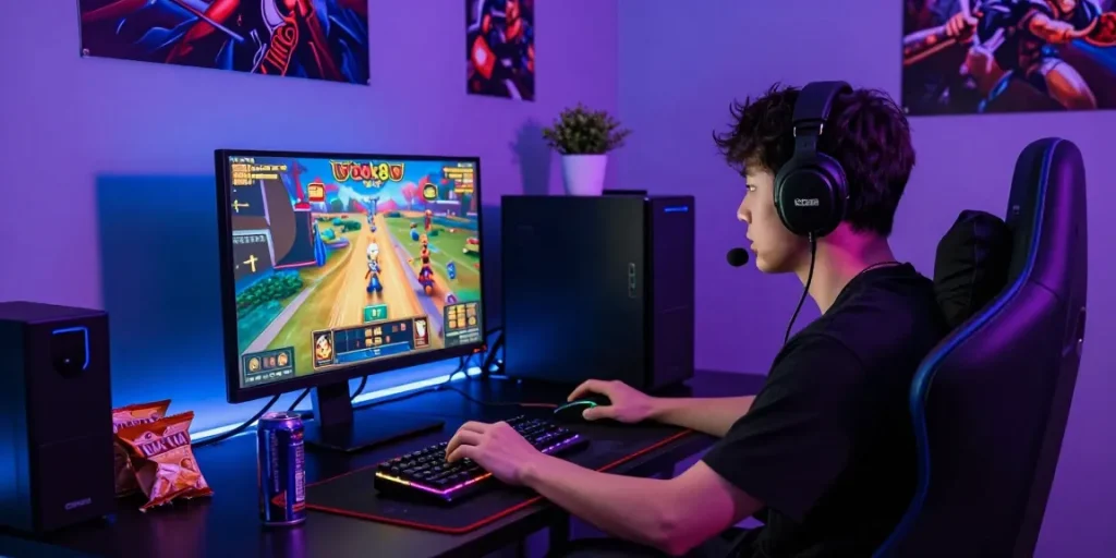 Gamer intensely playing rokok88 slot with vibrant gaming setup, highlighting action and atmosphere.
