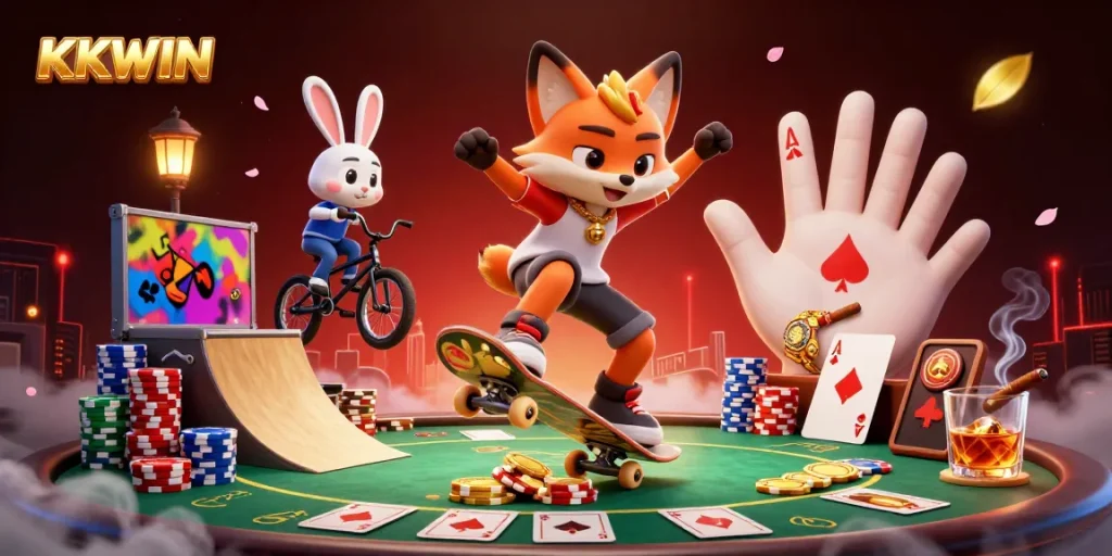 KKWIN showcases an intense casino scene with a skateboarder fox and BMX rabbit, highlighting thrilling action and vibrant elements.