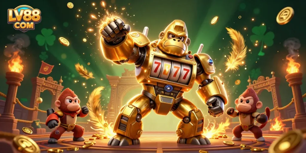 Experience thrilling action at LV88 COM with dynamic colorful 3D casino illustration featuring golden gorilla mech.