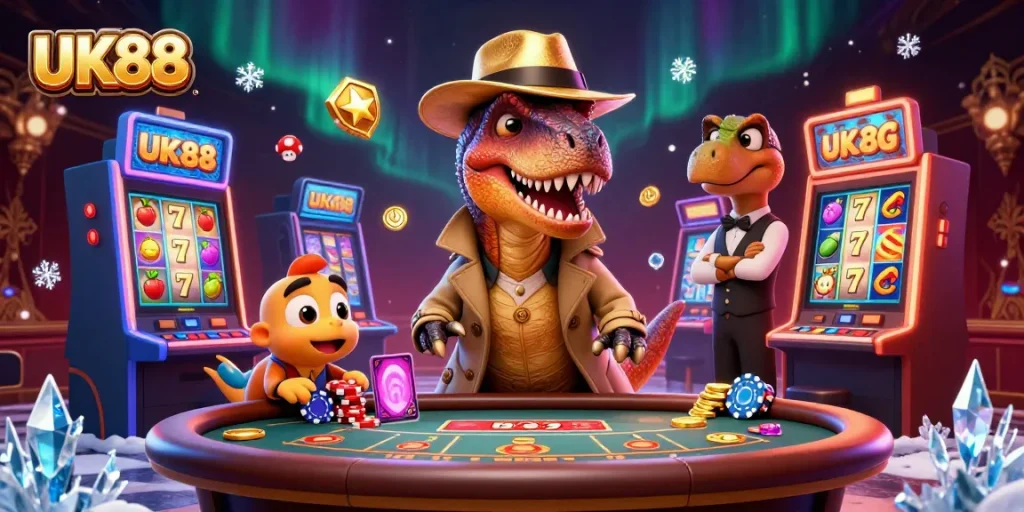 Engage in thrilling gameplay at UK88 with a cartoon velociraptor card counter and colorful slot machines.