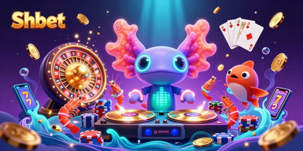 Shbet players enjoying an exciting underwater casino scene with vibrant casino-themed characters.