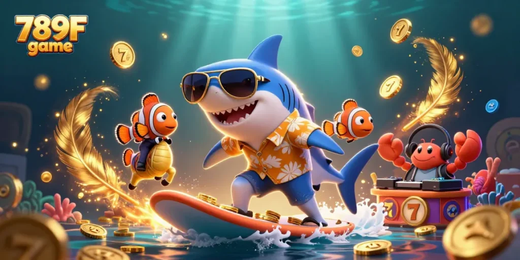 Experience thrilling gameplay with the 789F game featuring a shark surfing on gold coins and dynamic slot elements.