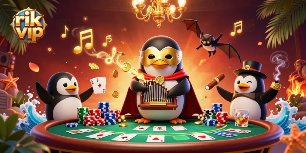 Experience the thrill of rik vip with a captivating scene of a penguin organist and poker elements.
