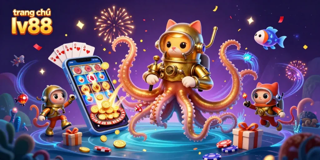 Engage with trang chủ lv88 in a vibrant 3D illustration featuring a kraken, diving cat, and casino elements.