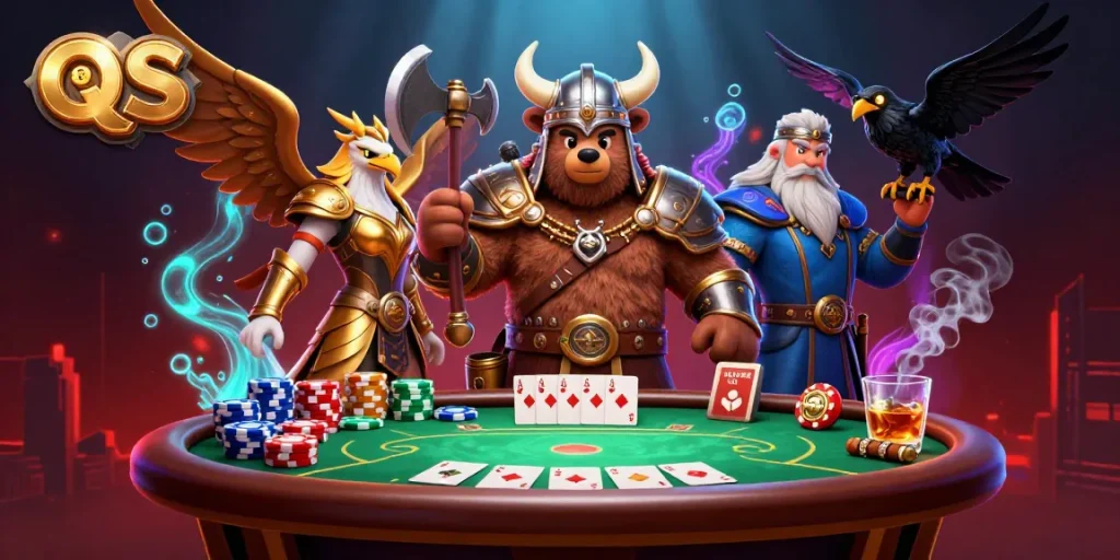 Engage with exciting poker action at QS 88 with dynamic characters, chips, and vibrant casino elements.