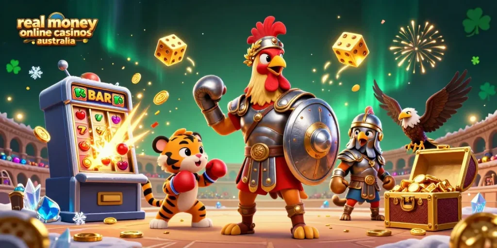 Engage with real money online casinos Australia featuring vibrant characters, jackpot symbols, and rich casino elements