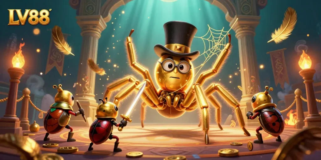 Experience the thrill of LV88 as the golden tarantula weaves a web of luck in a vibrant casino.