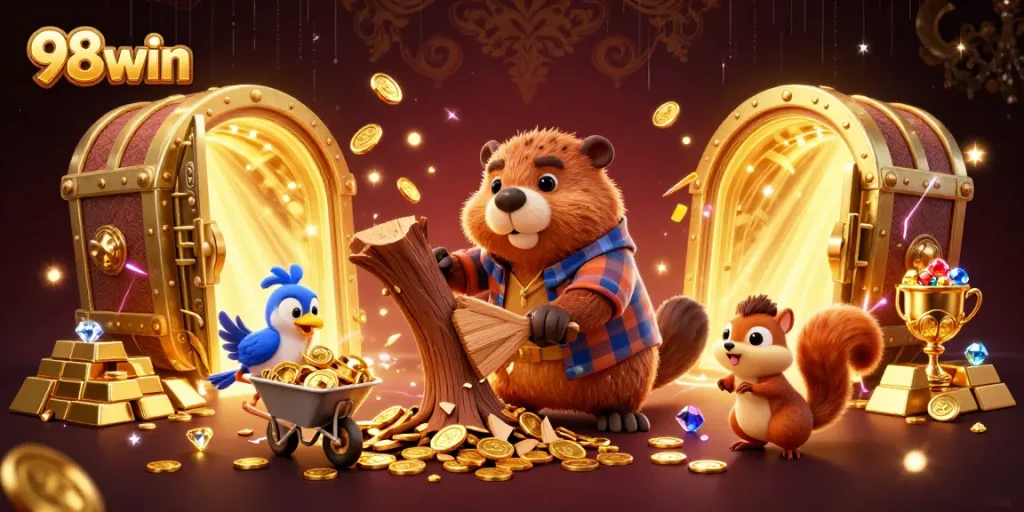 Win golden coins with 98win in this vibrant casino-themed illustration.