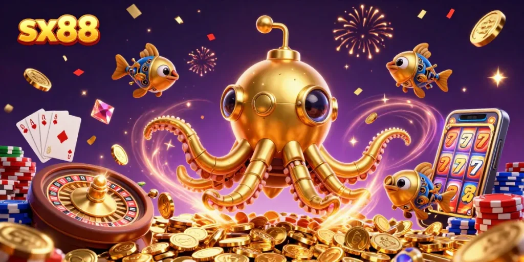 SX88 players win big with golden kraken and treasure in this vibrant casino scene